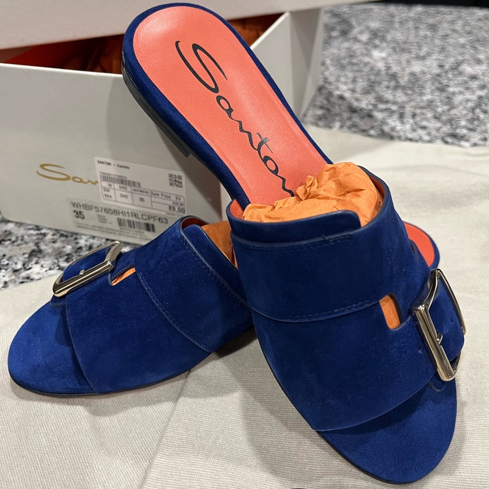 Santoni Royal Blue Suede Sandals with Silver Buckle